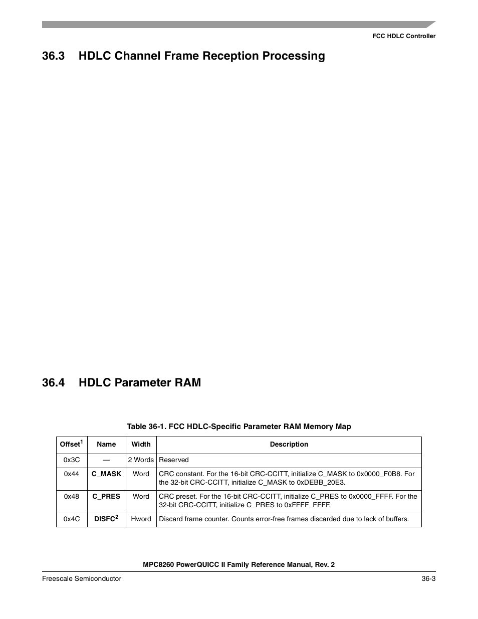 3 hdlc channel frame reception processing, 4 hdlc parameter ram, Hdlc channel frame reception processing -3 | Hdlc parameter ram -3, Fcc hdlc-specific parameter ram memory map -3 | Freescale Semiconductor MPC8260 User Manual | Page 1227 / 1360