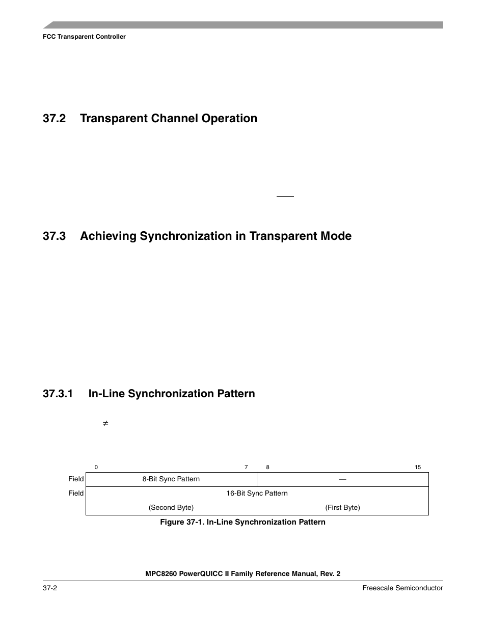 2 transparent channel operation, 3 achieving synchronization in transparent mode, 1 in-line synchronization pattern | Figure 37-1. in-line synchronization pattern, Transparent channel operation -2, Achieving synchronization in transparent mode -2, In-line synchronization pattern -2 | Freescale Semiconductor MPC8260 User Manual | Page 1244 / 1360