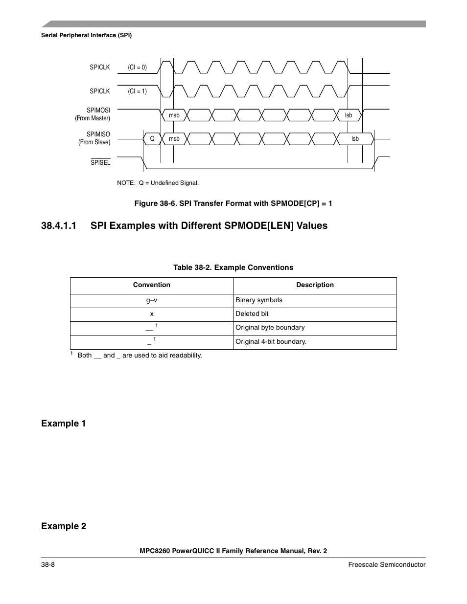 1 spi examples with different spmode[len] values, Table 38-2. example conventions, Spi examples with different spmode[len] values -8 | Spi transfer format with spmode[cp] = 1 -8, Example conventions -8, Figure 38-6, Example 1, Example 2 | Freescale Semiconductor MPC8260 User Manual | Page 1254 / 1360