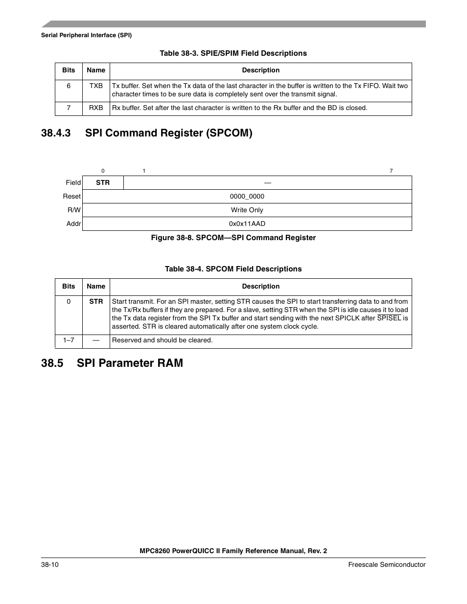 3 spi command register (spcom), Figure 38-8. spcom-spi command register, Table 38-4. spcom field descriptions | 5 spi parameter ram, Spi command register (spcom) -10, Spi parameter ram -10, Spcom—spi command register -10, Spcom field descriptions -10 | Freescale Semiconductor MPC8260 User Manual | Page 1256 / 1360