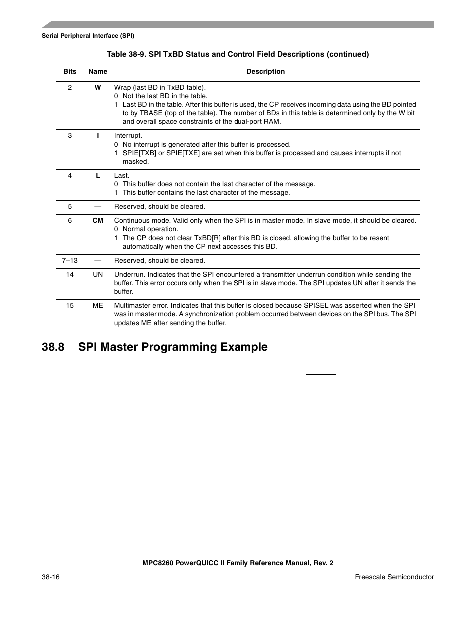 8 spi master programming example, Spi master programming example -16 | Freescale Semiconductor MPC8260 User Manual | Page 1262 / 1360