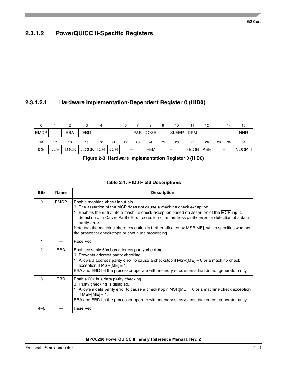 2 powerquicc ii-specific registers, Table 2-1. hid0 field descriptions (continued), Powerquicc ii-specific registers -11 | Hardware implementation register 0 (hid0) -11, Hid0 field descriptions -11 | Freescale Semiconductor MPC8260 User Manual | Page 129 / 1360