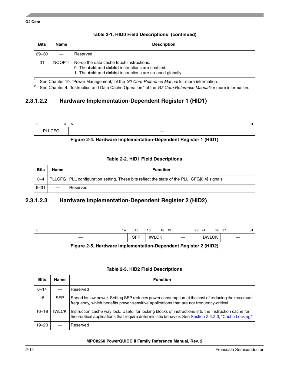 Table 2-2. hid1 field descriptions, Table 2-3. hid2 field descriptions (continued), Hid1 field descriptions -14 | Hid2 field descriptions -14 | Freescale Semiconductor MPC8260 User Manual | Page 132 / 1360