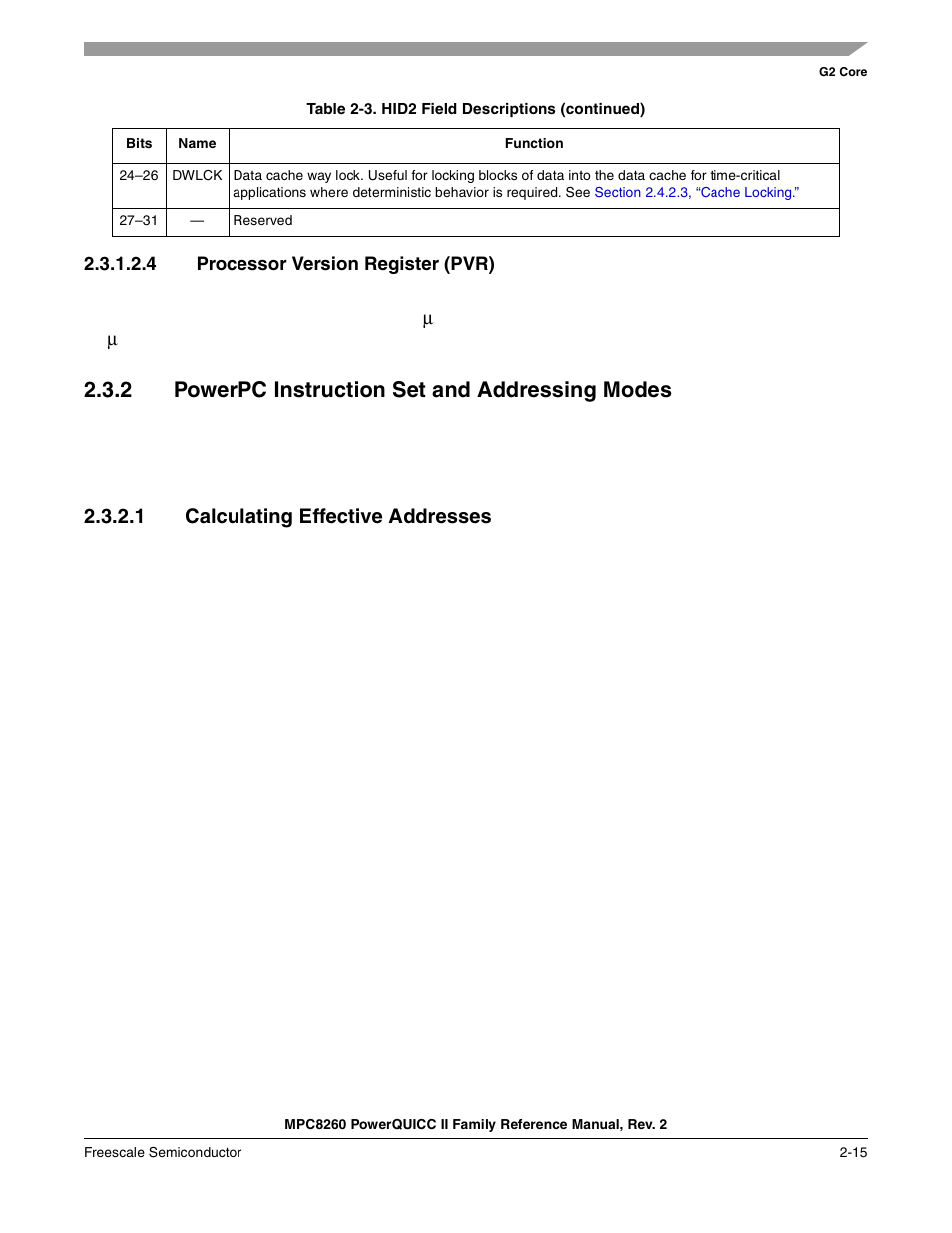 4 processor version register (pvr), 2 powerpc instruction set and addressing modes, 1 calculating effective addresses | Processor version register (pvr) -15, Powerpc instruction set and addressing modes -15, Calculating effective addresses -15 | Freescale Semiconductor MPC8260 User Manual | Page 133 / 1360