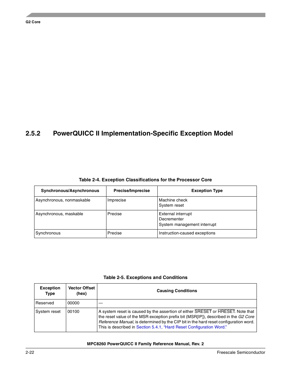 Table 2-5. exceptions and conditions (continued), Exceptions and conditions -22 | Freescale Semiconductor MPC8260 User Manual | Page 140 / 1360