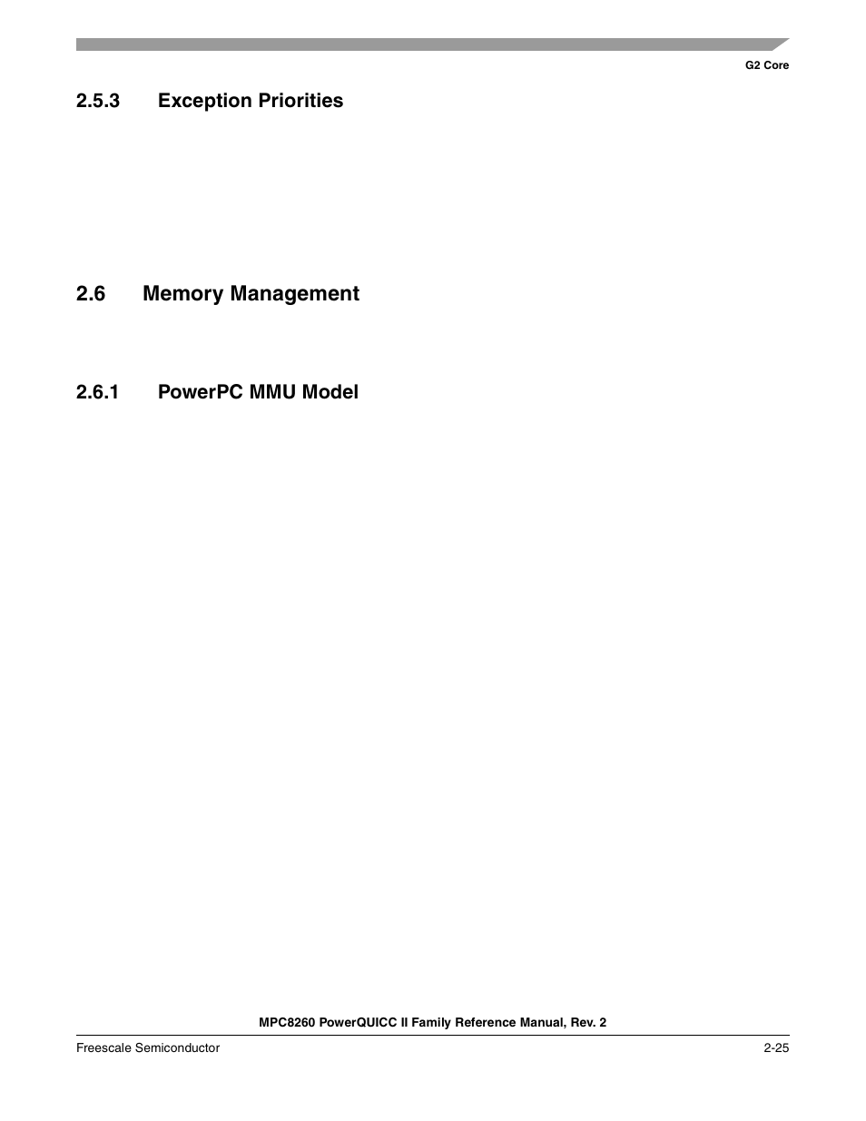 3 exception priorities, 6 memory management, 1 powerpc mmu model | Exception priorities -25, Memory management -25, Powerpc mmu model -25 | Freescale Semiconductor MPC8260 User Manual | Page 143 / 1360