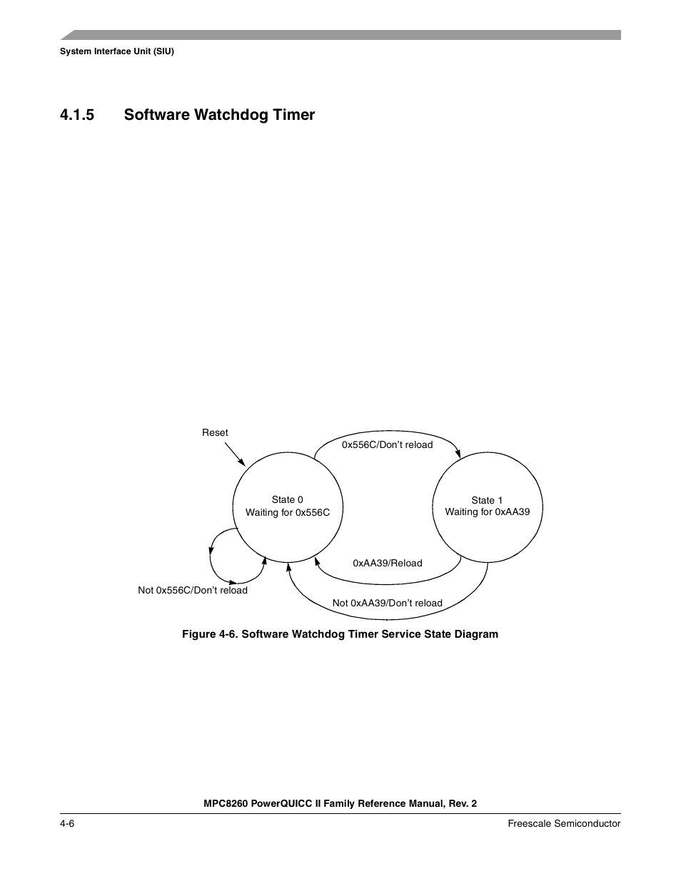 5 software watchdog timer, Software watchdog timer -6, Software watchdog timer service state diagram -6 | Section 4.1.5, “software watchdog, Timer | Freescale Semiconductor MPC8260 User Manual | Page 178 / 1360