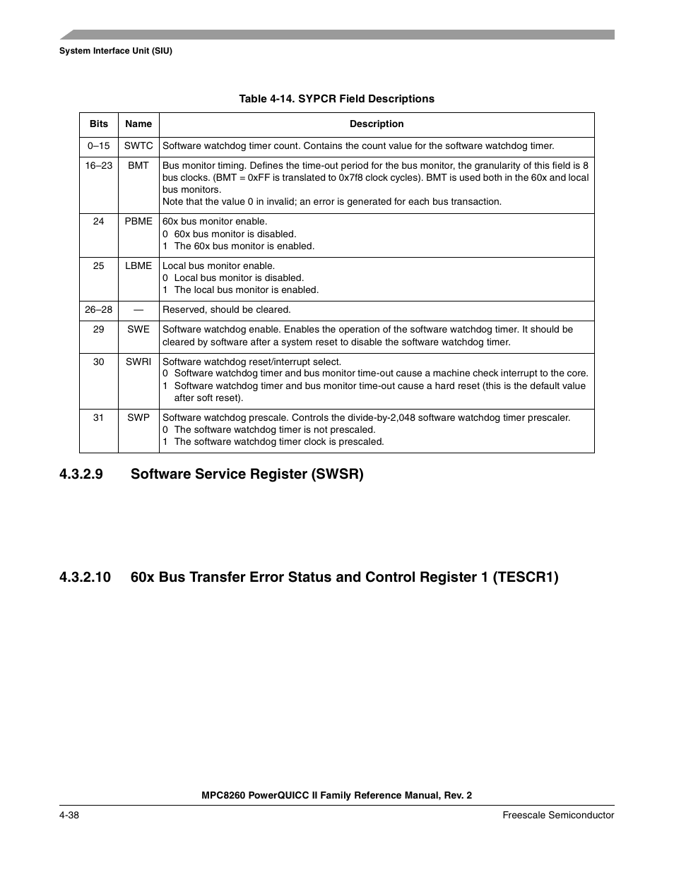 Table 4-14. sypcr field descriptions, 9 software service register (swsr), Software service register (swsr) -38 | Sypcr field descriptions -38, Table 4-14 describes sypcr fields | Freescale Semiconductor MPC8260 User Manual | Page 210 / 1360