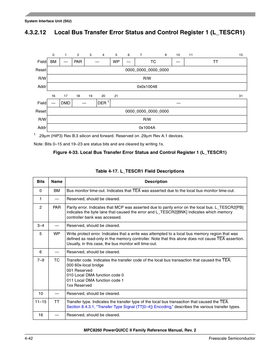 L_tescr1 field descriptions -42 | Freescale Semiconductor MPC8260 User Manual | Page 214 / 1360