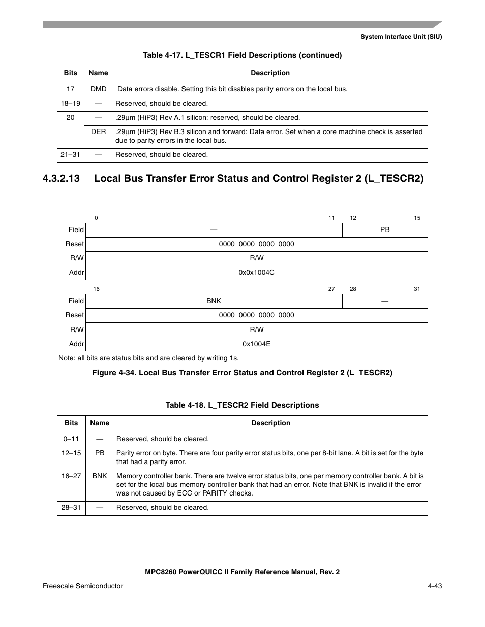 Table 4-18. l_tescr2 field descriptions, L_tescr2 field descriptions -43 | Freescale Semiconductor MPC8260 User Manual | Page 215 / 1360