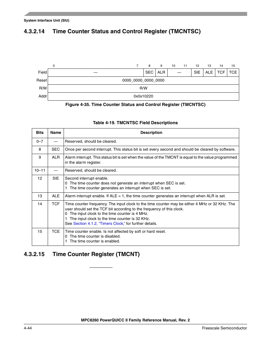 Table 4-19. tmcntsc field descriptions, 15 time counter register (tmcnt), Time counter register (tmcnt) -44 | Tmcntsc field descriptions -44, Table 4-19 describes tmcntsc fields | Freescale Semiconductor MPC8260 User Manual | Page 216 / 1360