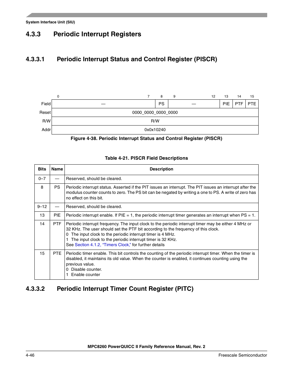 3 periodic interrupt registers, Table 4-21. piscr field descriptions, 2 periodic interrupt timer count register (pitc) | Periodic interrupt registers -46, Periodic interrupt timer count register (pitc) -46, Piscr field descriptions -46, Section 4.3.3, “periodic interrupt registers | Freescale Semiconductor MPC8260 User Manual | Page 218 / 1360