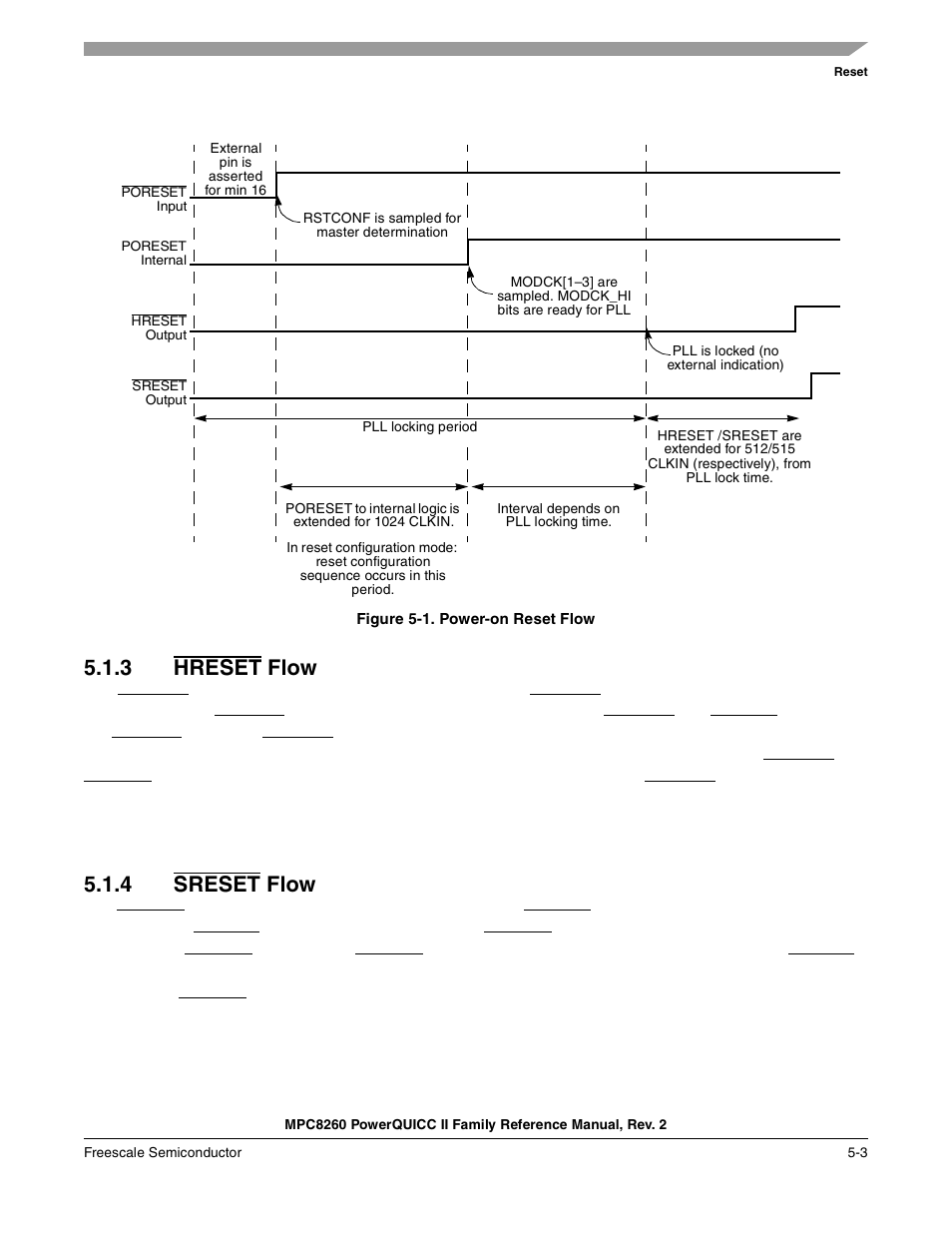 Figure 5-1. power-on reset flow, 3 hreset flow, 4 sreset flow | Hreset, Sreset f, Power-on reset flow -3, Figure 5-4 s hows the power-on reset flow | Freescale Semiconductor MPC8260 User Manual | Page 225 / 1360