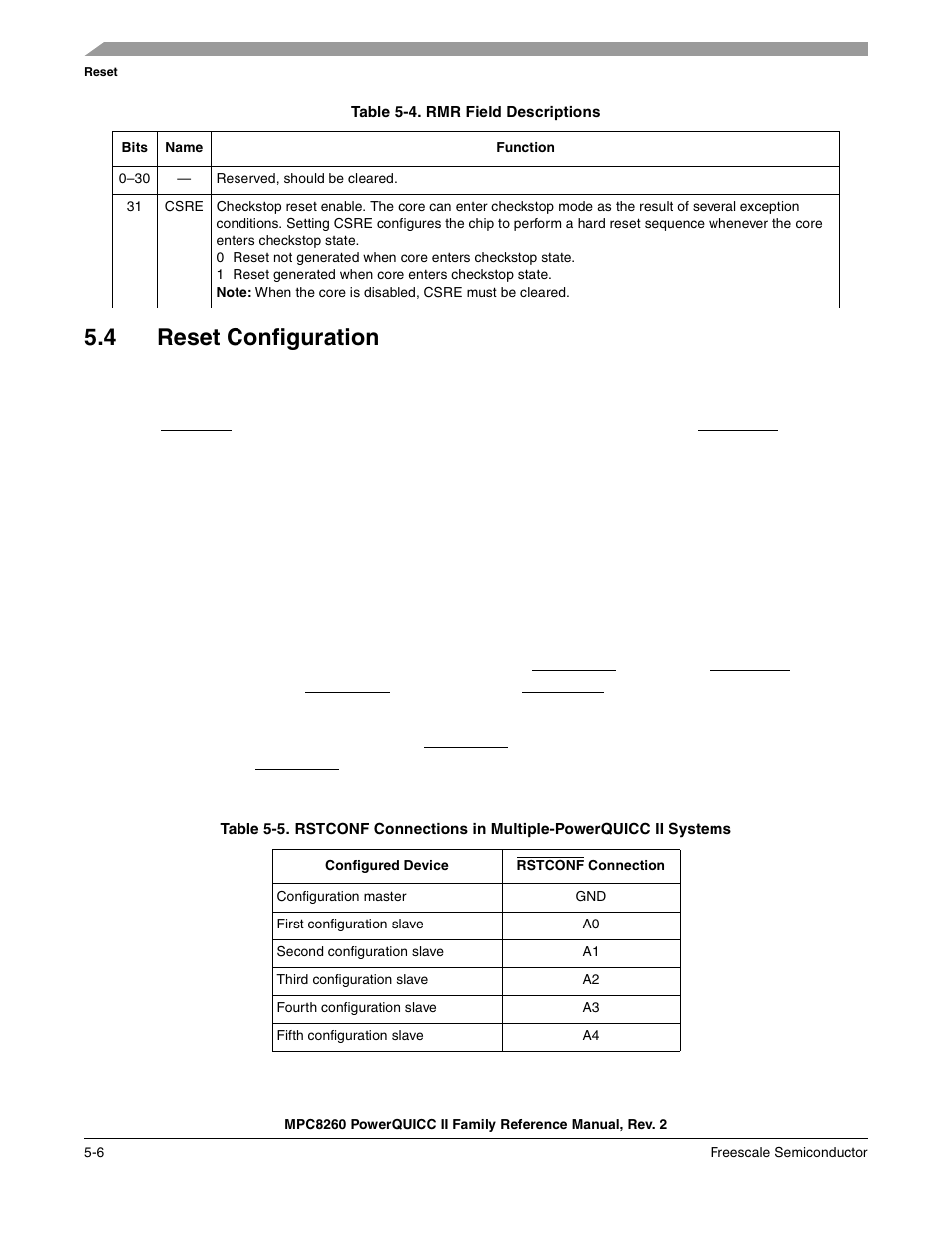 Table 5-4. rmr field descriptions, 4 reset configuration, Reset configuration -6 | Rmr field descriptions -6, Section 5.4, “reset configuration, Ned in, Table 5-4 | Freescale Semiconductor MPC8260 User Manual | Page 228 / 1360