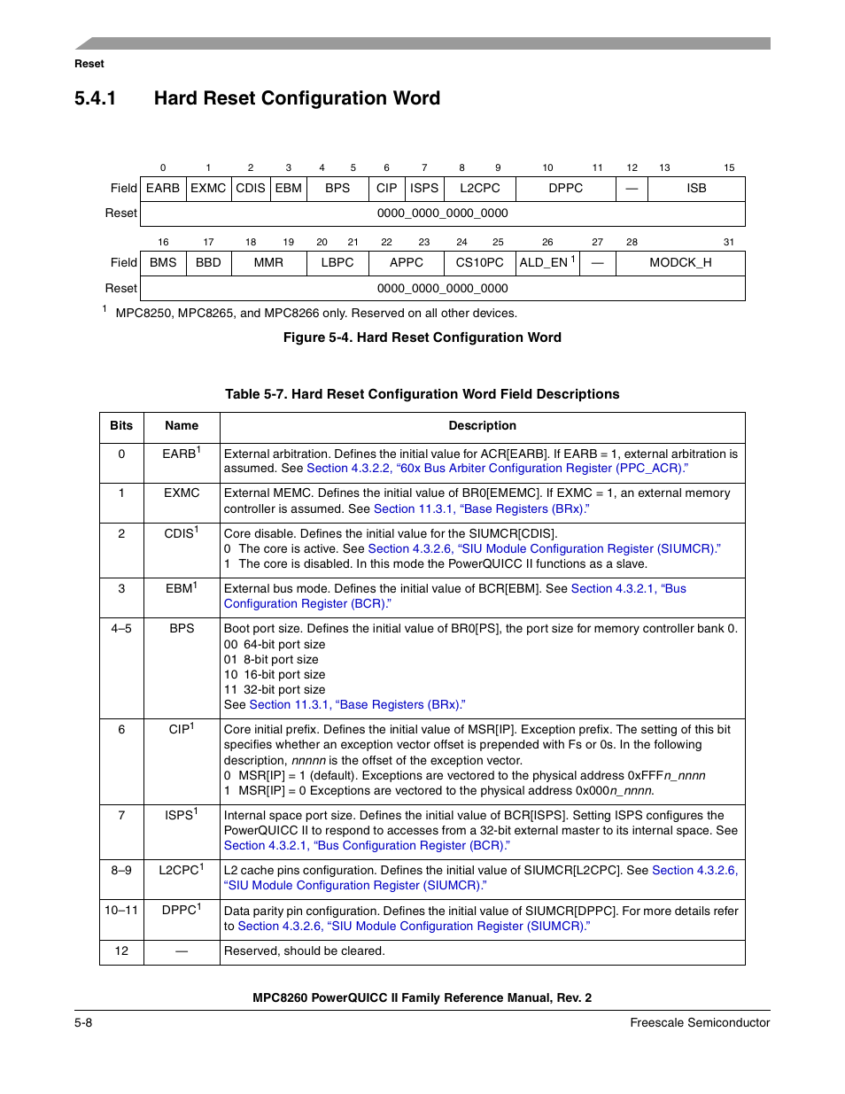 1 hard reset configuration word, Figure 5-4. hard reset configuration word, Hard reset configuration word -8 | Section 5.4.1, “hard reset configuration word, Section 5.4.1, “hard, Reset configuration word, Table 5-7, Figure 5-4 | Freescale Semiconductor MPC8260 User Manual | Page 230 / 1360
