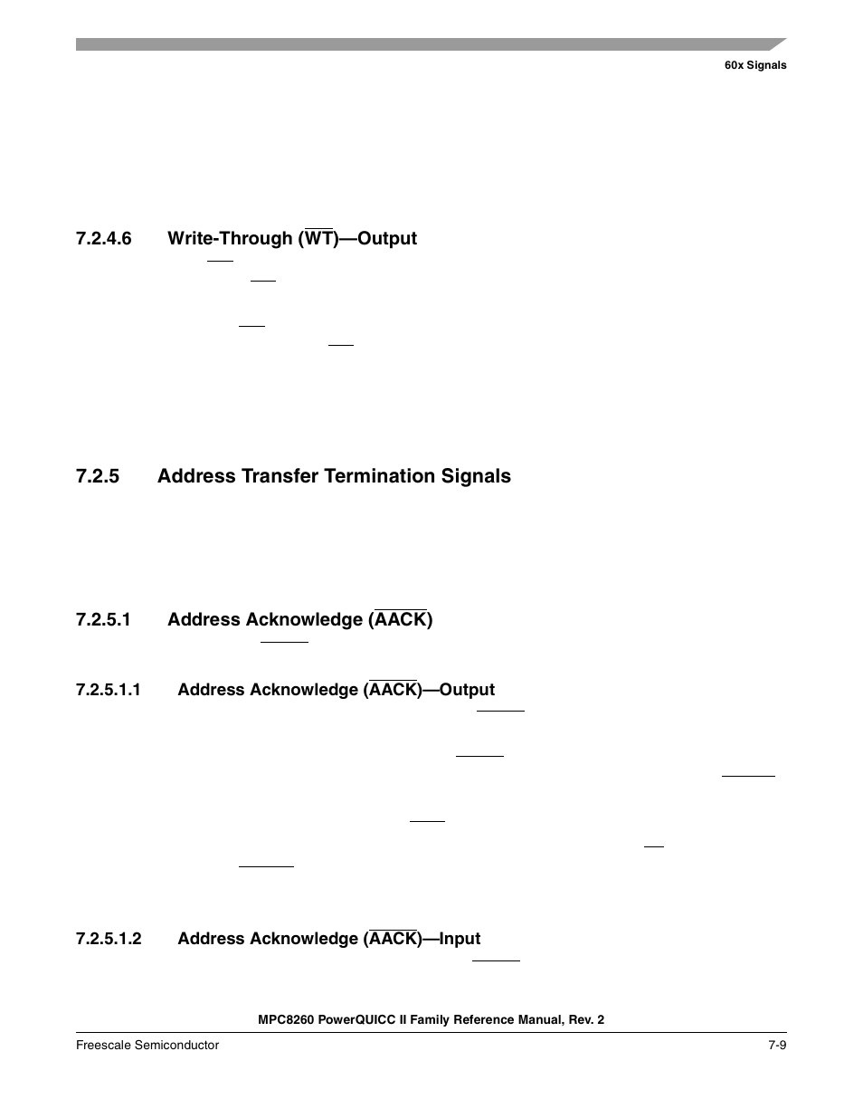 6 write-through (wt)-output, 5 address transfer termination signals, 1 address acknowledge (aack) | 1 address acknowledge (aack)-output, 2 address acknowledge (aack)-input, Write-through (wt)—output -9, Address transfer termination signals -9, Address acknowledge (aack) -9, Address acknowledge (aack)—output -9, Address acknowledge (aack)—input -9 | Freescale Semiconductor MPC8260 User Manual | Page 265 / 1360