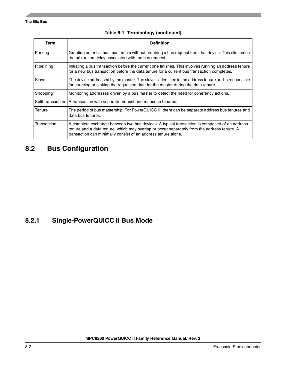 2 bus configuration, 1 single-powerquicc ii bus mode, Bus configuration -2 | Single-powerquicc ii bus mode -2, Section 8.2, “bus configuration | Freescale Semiconductor MPC8260 User Manual | Page 276 / 1360