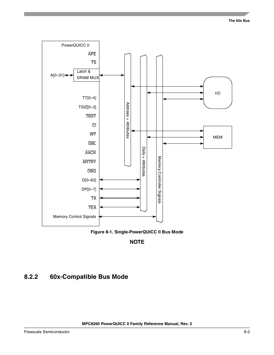 Figure 8-1. single-powerquicc ii bus mode, 2 60x-compatible bus mode, 60x-compatible bus mode -3 | Single-powerquicc ii bus mode -3, Section 8.2.2, “60x-compatible bus mode, Figure 8-1 | Freescale Semiconductor MPC8260 User Manual | Page 277 / 1360