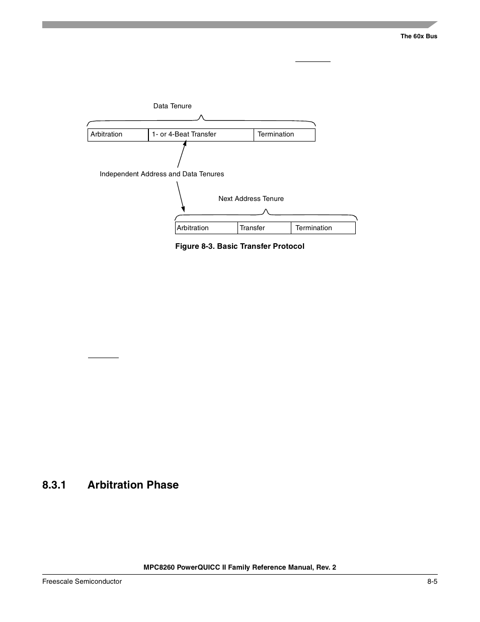 Figure 8-3. basic transfer protocol, 1 arbitration phase, Arbitration phase -5 | Basic transfer protocol -5, Section 8.3.1, “arbitration phase | Freescale Semiconductor MPC8260 User Manual | Page 279 / 1360