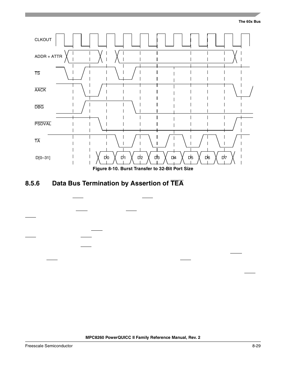 Figure 8-10. burst transfer to 32-bit port size, 6 data bus termination by assertion of tea, Data bus termination by assertion of tea -29 | Burst transfer to 32-bit port size -29 | Freescale Semiconductor MPC8260 User Manual | Page 303 / 1360