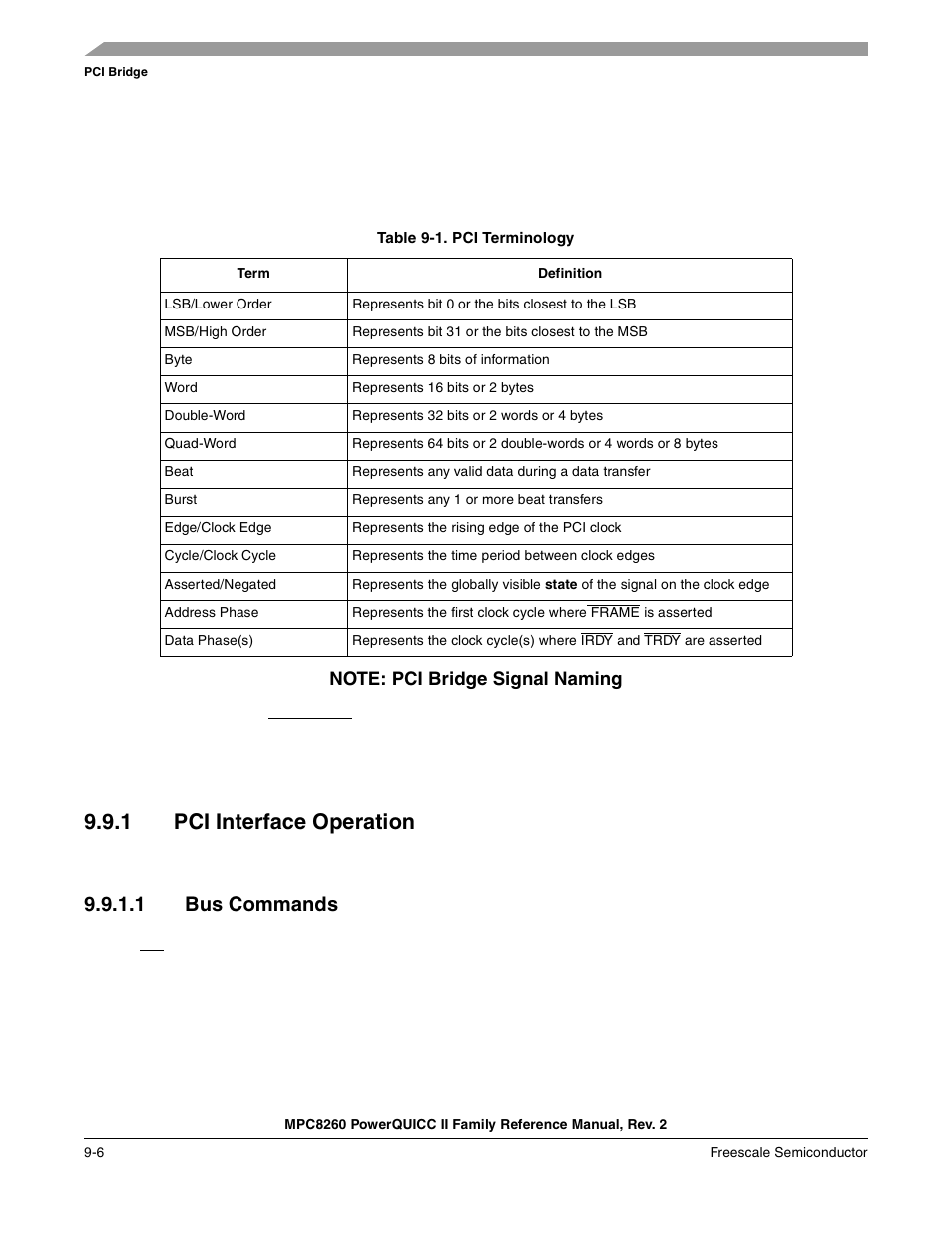 Table 9-1. pci terminology, 1 pci interface operation, 1 bus commands | Pci interface operation -6, Bus commands -6, Pci terminology -6 | Freescale Semiconductor MPC8260 User Manual | Page 312 / 1360