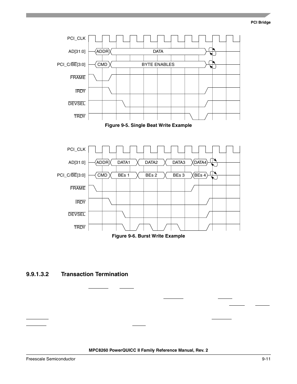 Figure 9-5. single beat write example, Figure 9-6. burst write example, 2 transaction termination | Transaction termination -11, Single beat write example -11, Burst write example -11, Figure 9-5, Shows an exam | Freescale Semiconductor MPC8260 User Manual | Page 317 / 1360