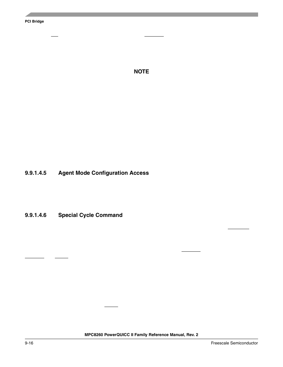 5 agent mode configuration access, 6 special cycle command, Agent mode configuration access -16 | Special cycle command -16, Section 9.9.1.4.6, “special cycle command | Freescale Semiconductor MPC8260 User Manual | Page 322 / 1360