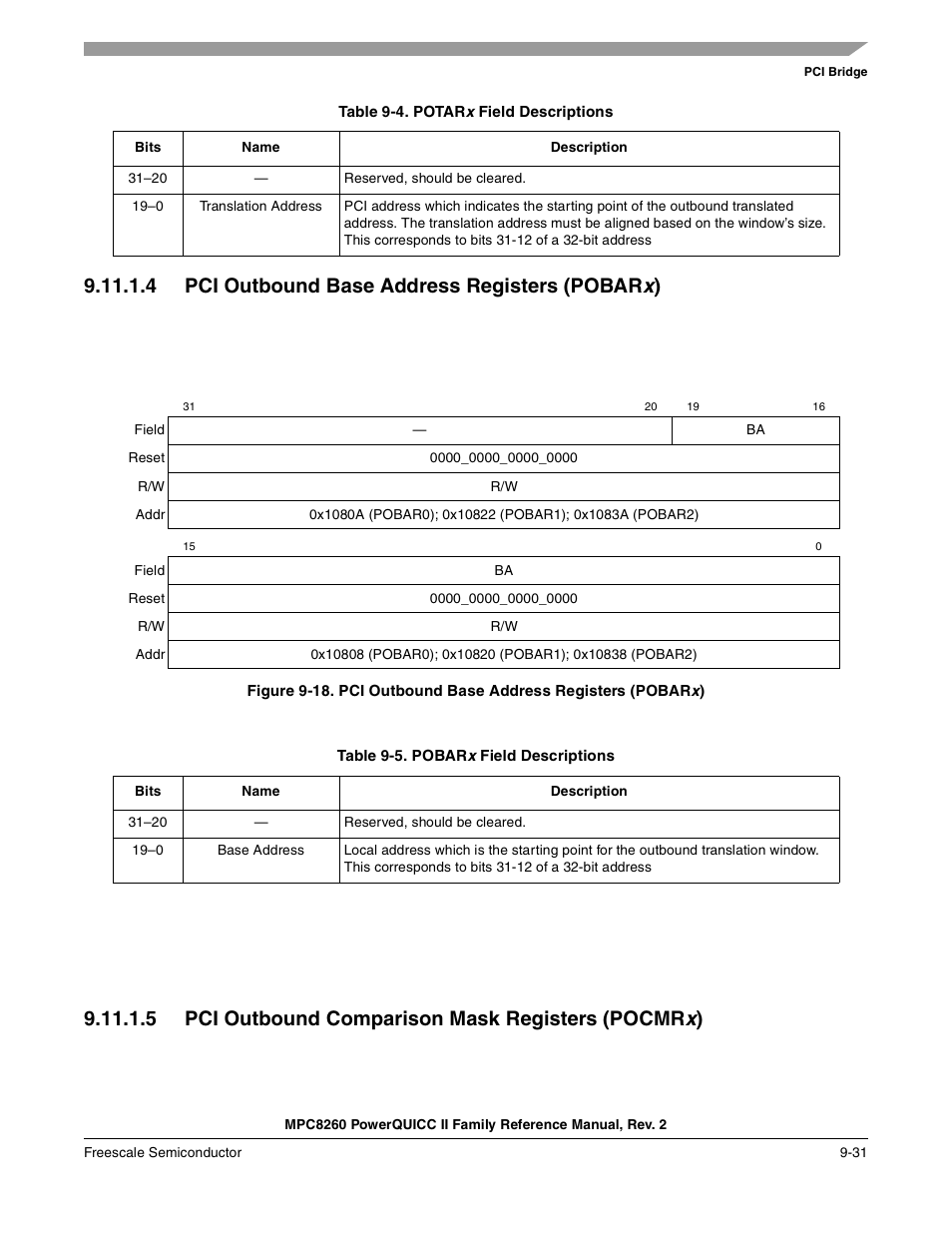 Table 9-4. potarx field descriptions, 4 pci outbound base address registers (pobarx), Table 9-5. pobarx field descriptions | 5 pci outbound comparison mask registers (pocmrx), Pci outbound base address registers (pobarx) -31, Potarx field descriptions -31, Pobarx field descriptions -31, Table 9-4. des, 4 pci outbound base address registers (pobar x), 5 pci outbound comparison mask registers (pocmr x) | Freescale Semiconductor MPC8260 User Manual | Page 337 / 1360