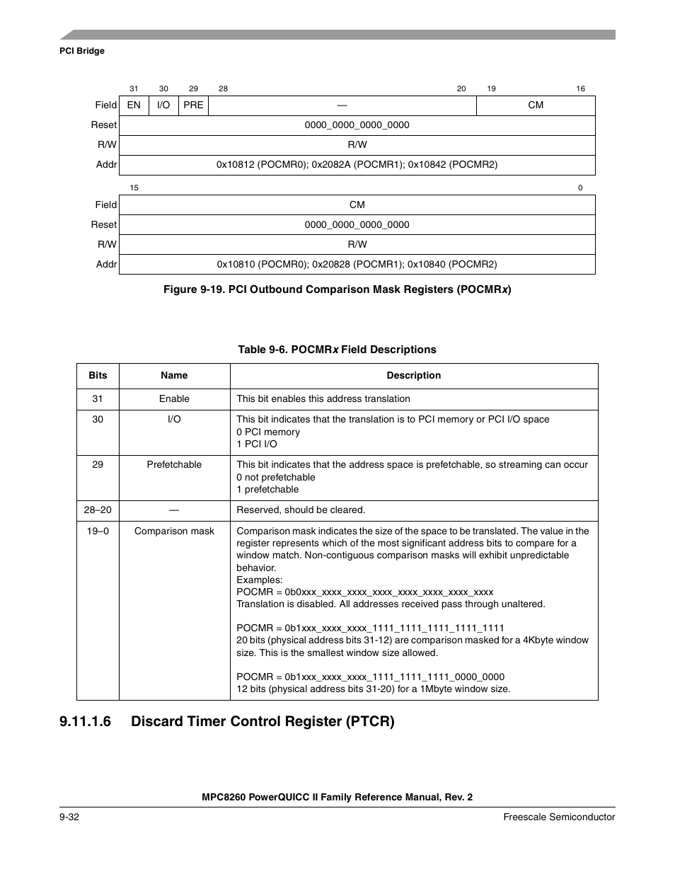 Table 9-6. pocmrx field descriptions, 6 discard timer control register (ptcr), Discard timer control register (ptcr) -32 | Pocmrx field descriptions -32, Figure 9-19, Table 9-6. des cribes pocmr x | Freescale Semiconductor MPC8260 User Manual | Page 338 / 1360