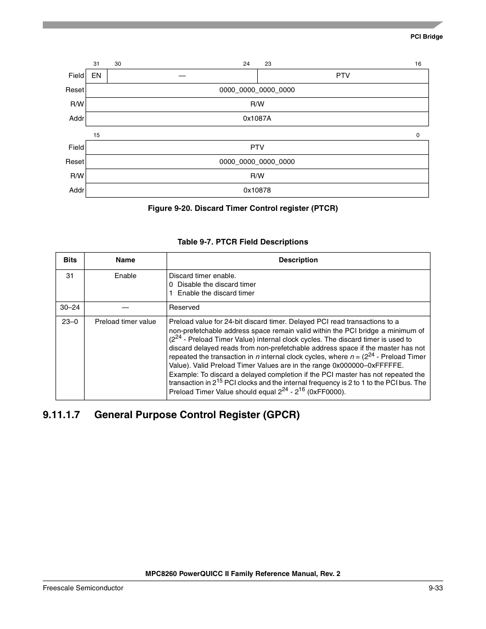 Figure 9-20. discard timer control register (ptcr), Table 9-7. ptcr field descriptions, 7 general purpose control register (gpcr) | General purpose control register (gpcr) -33, Discard timer control register (ptcr) -33, Ptcr field descriptions -33, Table 9-7. des cribes ptcr fields | Freescale Semiconductor MPC8260 User Manual | Page 339 / 1360