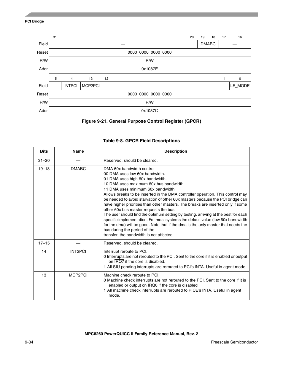 Table 9-8. gpcr field descriptions (continued), General purpose control register (gpcr) -34, Gpcr field descriptions -34 | Table 9-8. describes gpcr fields | Freescale Semiconductor MPC8260 User Manual | Page 340 / 1360