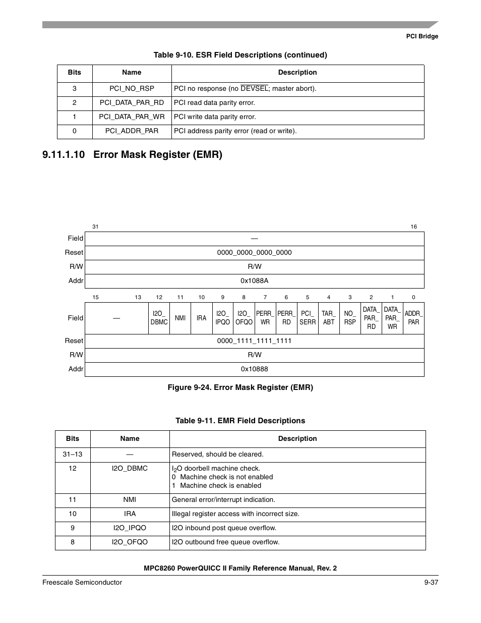 10 error mask register (emr), Figure 9-24. error mask register (emr), Table 9-11. emr field descriptions (continued) | Error mask register (emr) -37, Emr field descriptions -37, Section 9.11.1.10, “error mask register, Emr), Table 9-11. describes emr fields | Freescale Semiconductor MPC8260 User Manual | Page 343 / 1360