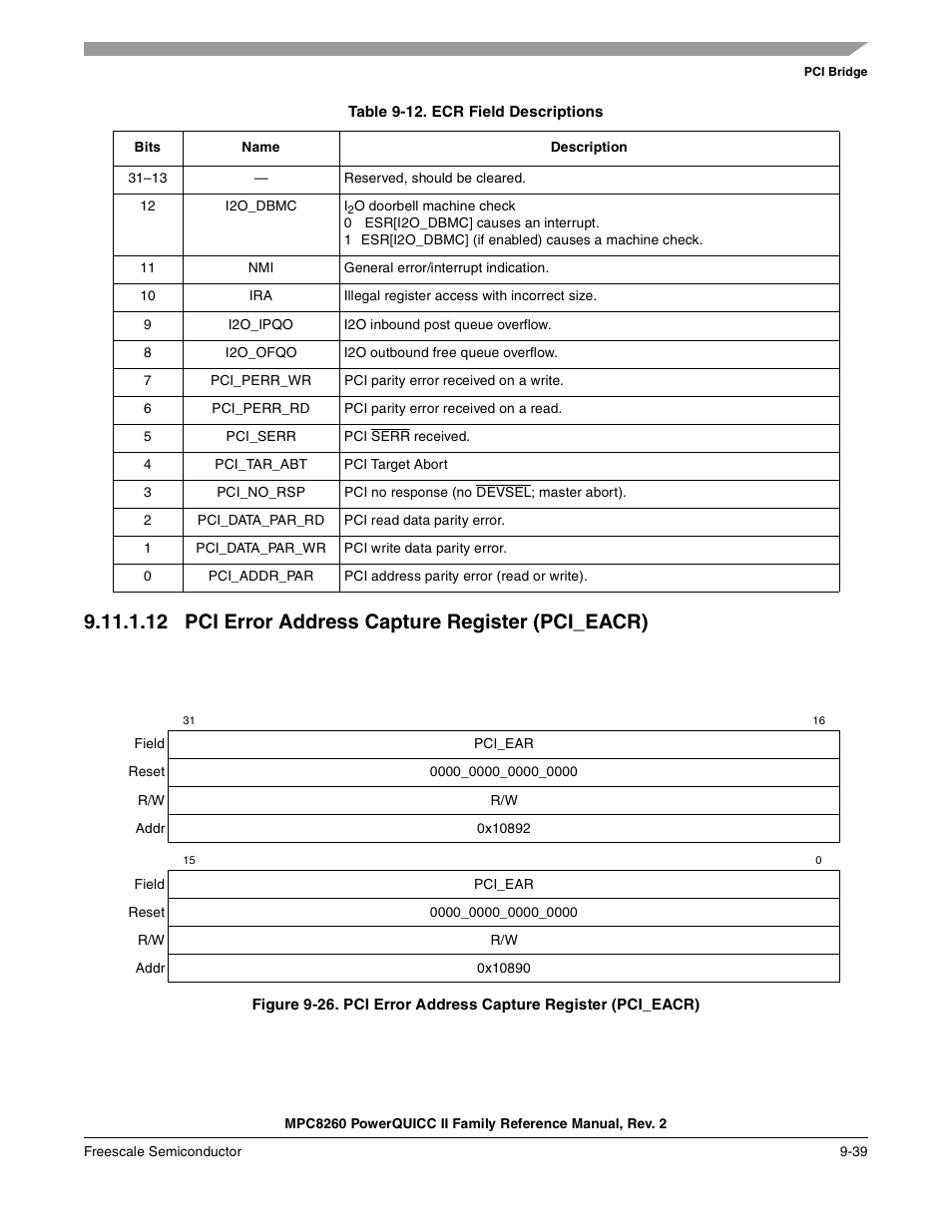 Table 9-12. ecr field descriptions, 12 pci error address capture register (pci_eacr), Pci error address capture register (pci_eacr) -39 | Ecr field descriptions -39, Table 9-12, Table 9-13. describes pci_eacr fields | Freescale Semiconductor MPC8260 User Manual | Page 345 / 1360