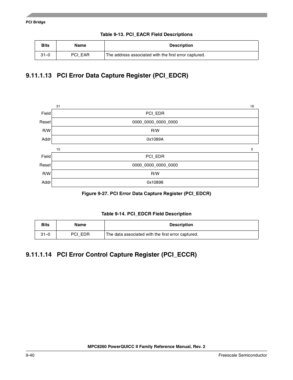 Table 9-13. pci_eacr field descriptions, 13 pci error data capture register (pci_edcr), Table 9-14. pci_edcr field description | 14 pci error control capture register (pci_eccr), Pci error data capture register (pci_edcr) -40, Pci error control capture register (pci_eccr) -40, Pci_eacr field descriptions -40, Pci_edcr field description -40, Table 9-14. describes pci_edcr fields | Freescale Semiconductor MPC8260 User Manual | Page 346 / 1360