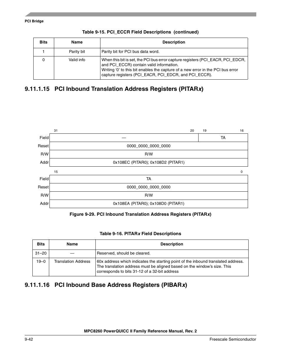 Table 9-16. pitarx field descriptions, 16 pci inbound base address registers (pibarx), Pci inbound base address registers (pibarx) -42 | Pitarx field descriptions -42, 16 pci inbound base address registers (pibar x), Table 9-16. describes pitar x | Freescale Semiconductor MPC8260 User Manual | Page 348 / 1360