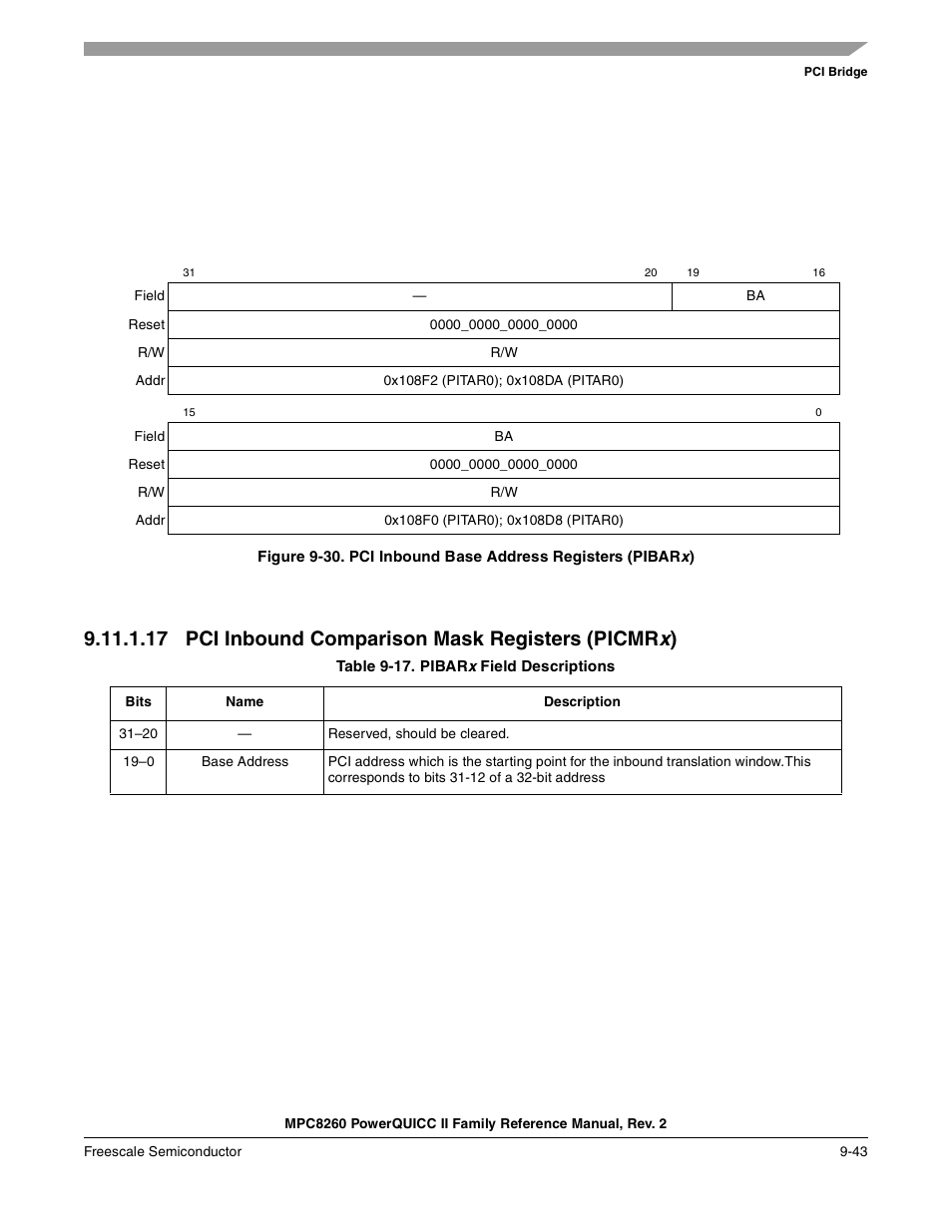 17 pci inbound comparison mask registers (picmrx), Table 9-17. pibarx field descriptions, Pci inbound comparison mask registers (picmrx) -43 | Pci inbound base address registers (pibarx) -43, Pibarx field descriptions -43, Figure 9-30, Pci inbound comparison mask registers (picmr x), Table 9-17. describes pibar x | Freescale Semiconductor MPC8260 User Manual | Page 349 / 1360