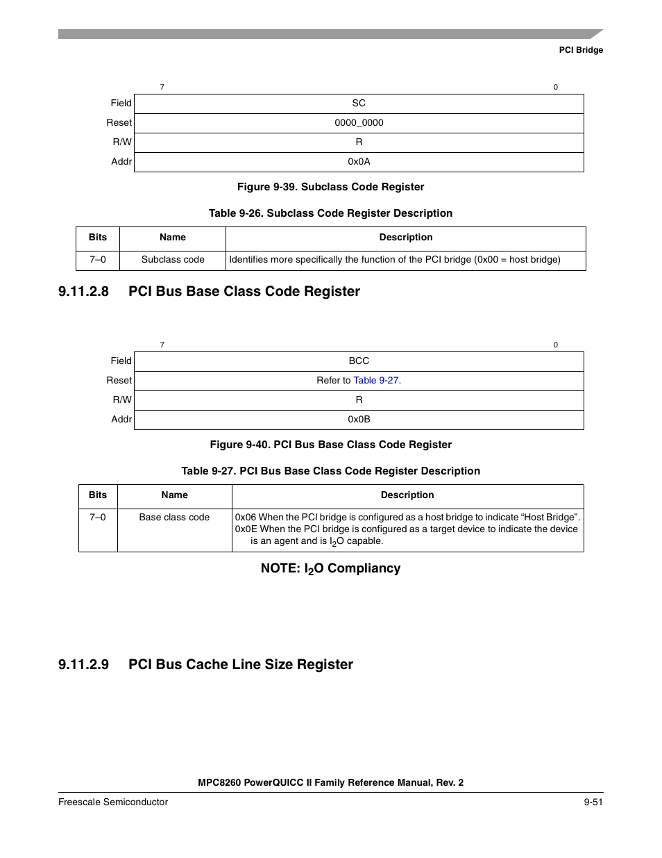 Figure 9-39. subclass code register, Table 9-26. subclass code register description, 8 pci bus base class code register | Figure 9-40. pci bus base class code register, 9 pci bus cache line size register, Pci bus base class code register -51, Pci bus cache line size register -51, Subclass code register -51, Subclass code register description -51, Pci bus base class code register description -51 | Freescale Semiconductor MPC8260 User Manual | Page 357 / 1360