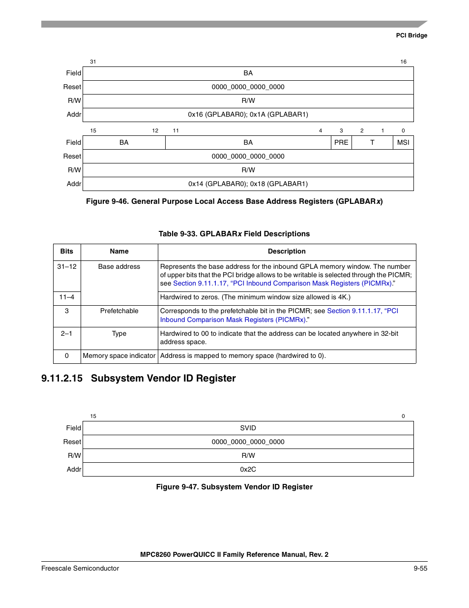 Table 9-33. gplabarx field descriptions, 15 subsystem vendor id register, Figure 9-47. subsystem vendor id register | Subsystem vendor id register -55, Gplabarx field descriptions -55, Figure 9-46, Table 9-33 describes gplabar x fields | Freescale Semiconductor MPC8260 User Manual | Page 361 / 1360