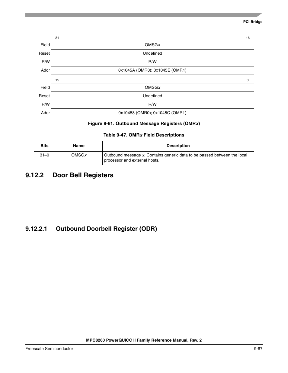 Figure 9-61. outbound message registers (omrx), Table 9-47. omrx field descriptions, 2 door bell registers | 1 outbound doorbell register (odr), Door bell registers -67, Outbound doorbell register (odr) -67, Outbound message registers (omrx) -67, Omrx field descriptions -67, Bed in, Figure 9-61 | Freescale Semiconductor MPC8260 User Manual | Page 373 / 1360