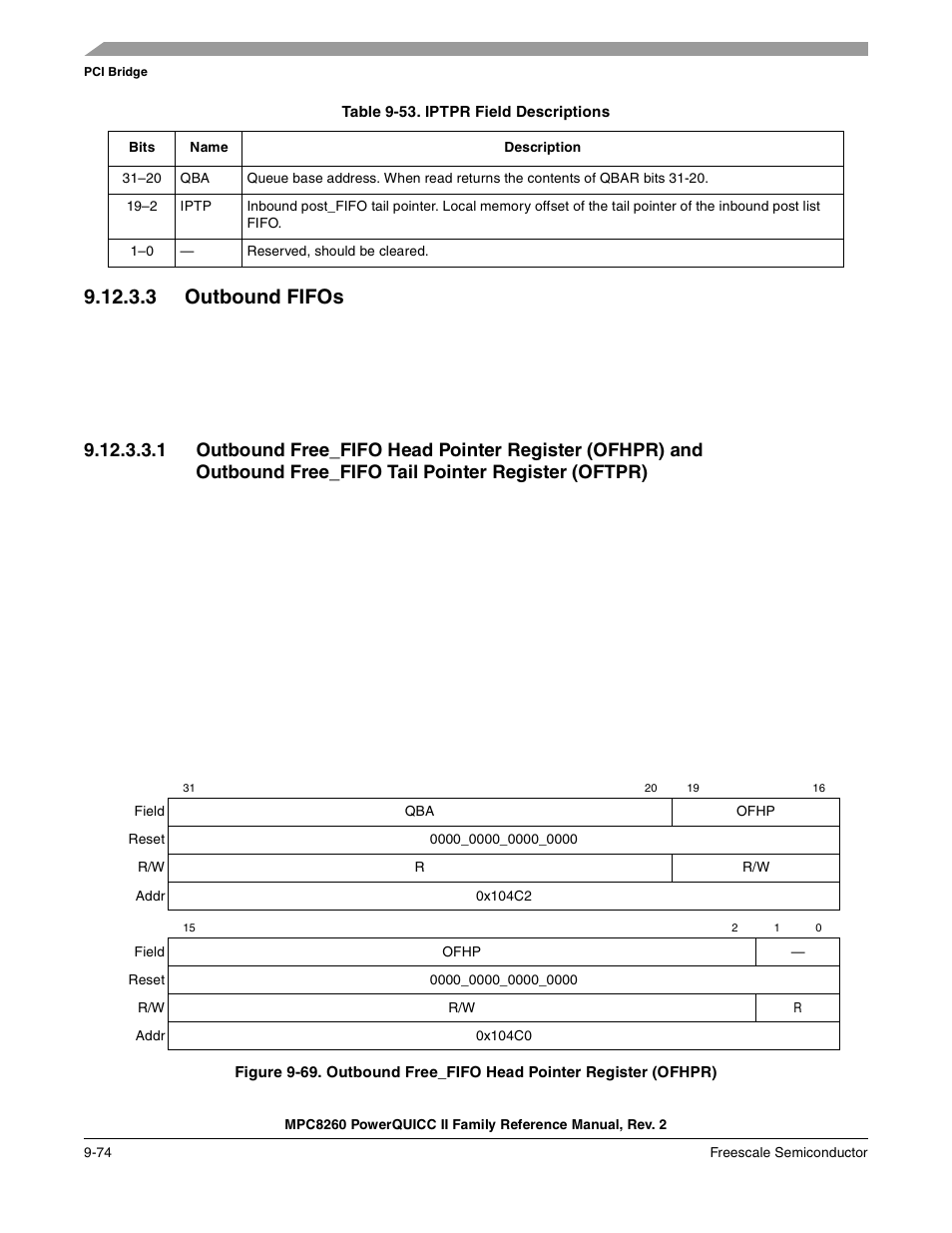 Table 9-53. iptpr field descriptions, 3 outbound fifos, Outbound fifos -74 | Iptpr field descriptions -74, Table 9-53 | Freescale Semiconductor MPC8260 User Manual | Page 380 / 1360