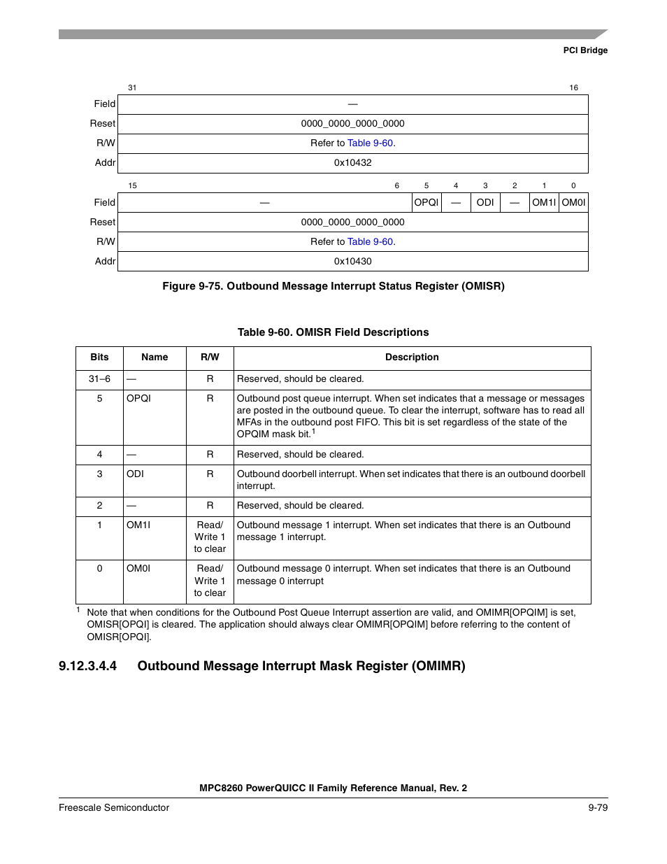 Table 9-60. omisr field descriptions, 4 outbound message interrupt mask register (omimr), Omisr field descriptions -79 | Freescale Semiconductor MPC8260 User Manual | Page 385 / 1360