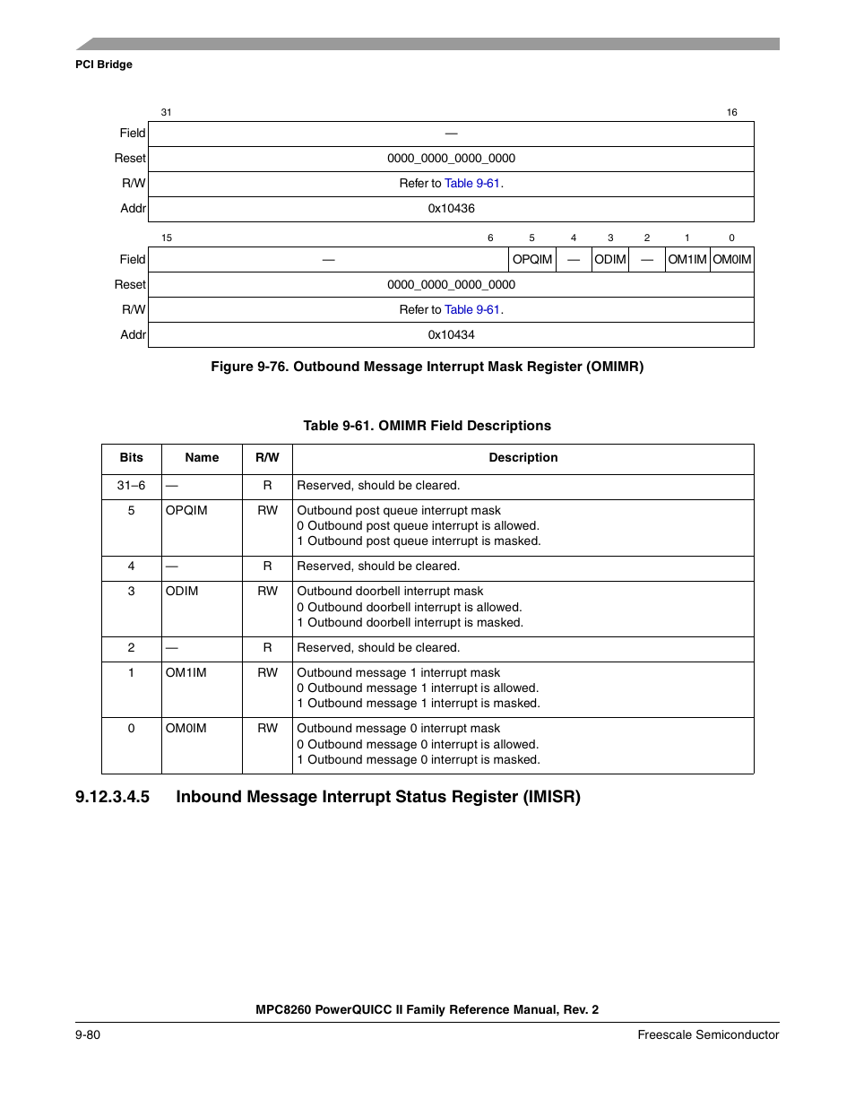 Table 9-61. omimr field descriptions, Omimr field descriptions -80 | Freescale Semiconductor MPC8260 User Manual | Page 386 / 1360