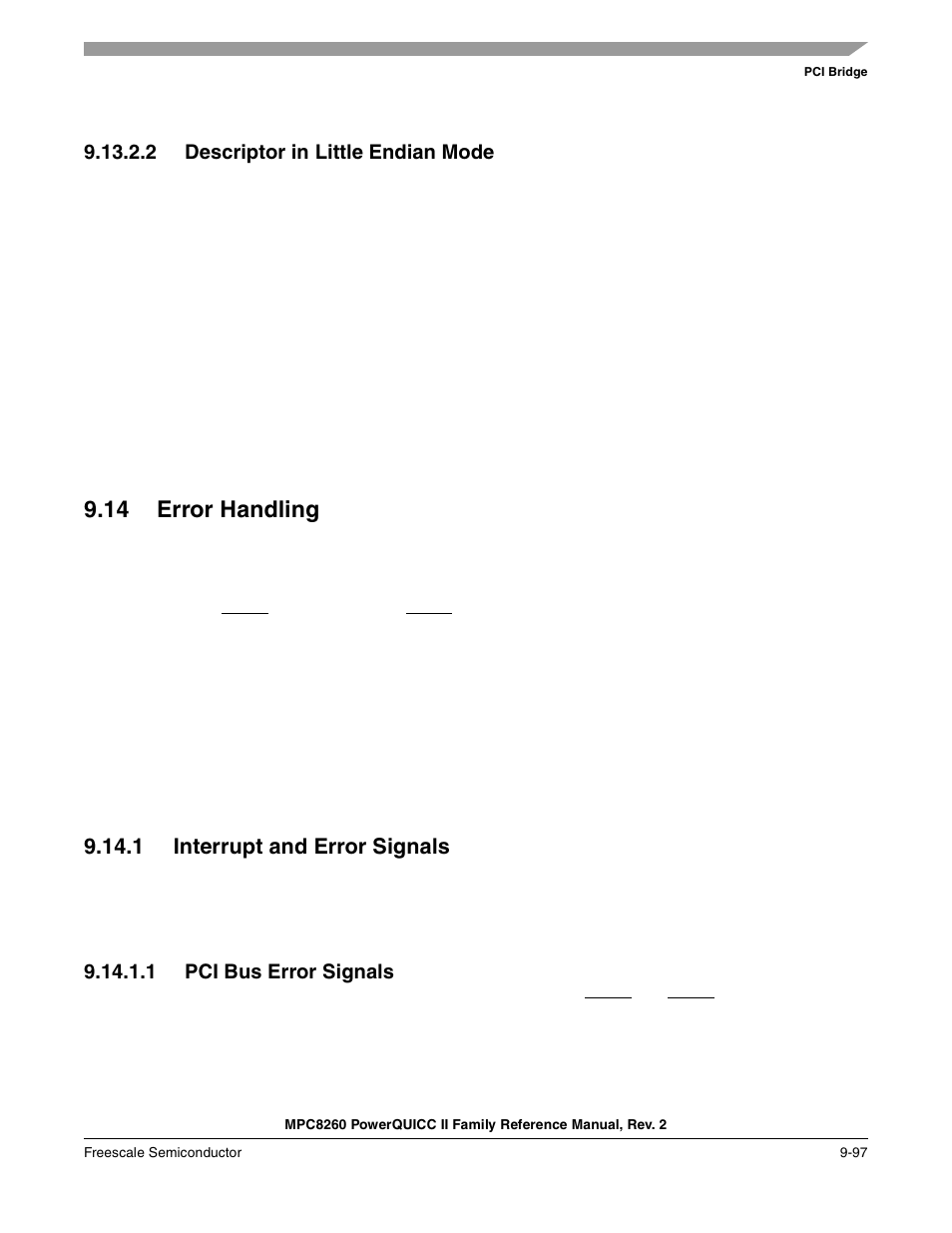 2 descriptor in little endian mode, 14 error handling, 1 interrupt and error signals | 1 pci bus error signals, Descriptor in little endian mode -97, Error handling -97, Interrupt and error signals -97, Pci bus error signals -97 | Freescale Semiconductor MPC8260 User Manual | Page 403 / 1360