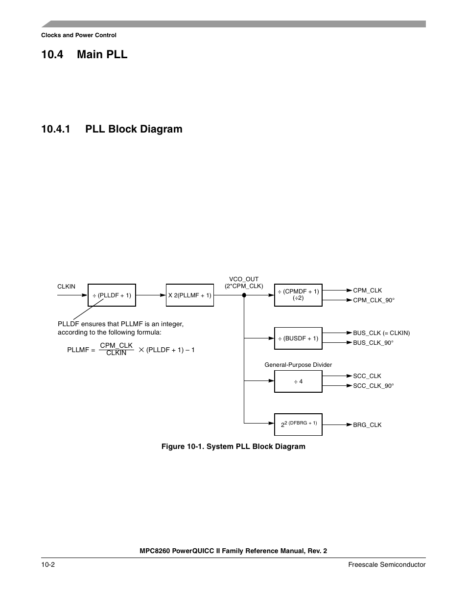 4 main pll, 1 pll block diagram, Figure 10-1. system pll block diagram | Main pll -2, Pll block diagram -2, System pll block diagram -2 | Freescale Semiconductor MPC8260 User Manual | Page 408 / 1360