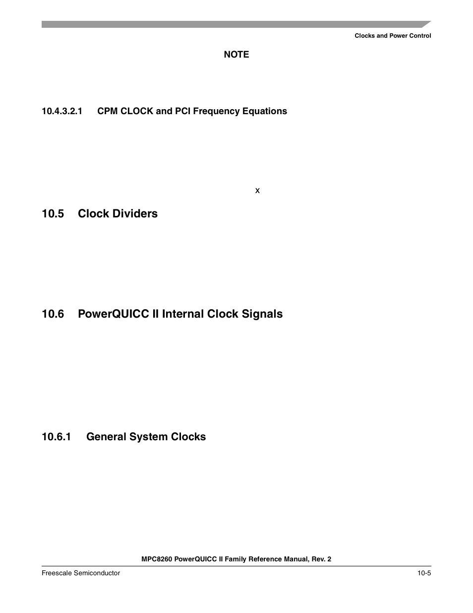 1 cpm clock and pci frequency equations, 5 clock dividers, 6 powerquicc ii internal clock signals | 1 general system clocks, Cpm clock and pci frequency equations -5, Clock dividers -5, Powerquicc ii internal clock signals -5, General system clocks -5 | Freescale Semiconductor MPC8260 User Manual | Page 411 / 1360