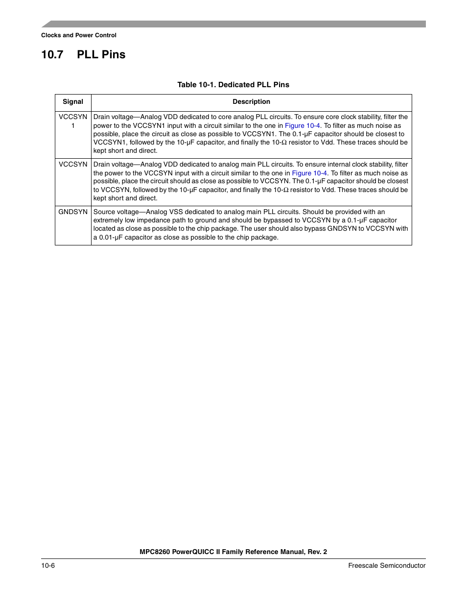 7 pll pins, Table 10-1. dedicated pll pins (continued), Pll pins -6 | Dedicated pll pins -6, Table 10-1 shows dedicated pll pins | Freescale Semiconductor MPC8260 User Manual | Page 412 / 1360