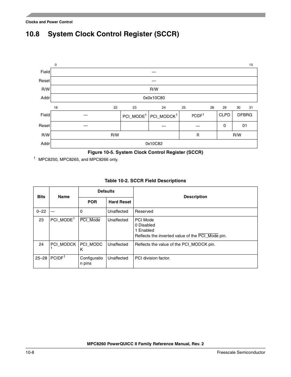 8 system clock control register (sccr), Figure 10-5. system clock control register (sccr), Table 10-2. sccr field descriptions (continued) | System clock control register (sccr) -8, Sccr field descriptions -8, Table 10-2 | Freescale Semiconductor MPC8260 User Manual | Page 414 / 1360