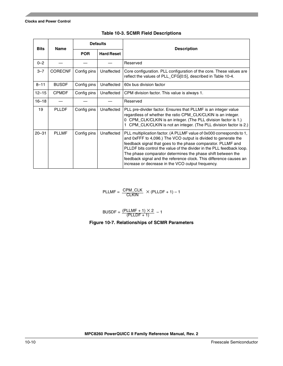 Table 10-3. scmr field descriptions, Figure 10-7. relationships of scmr parameters, Relationships of scmr parameters -10 | Scmr field descriptions -10, Table 10-3, Ee table 10-3, Scmr[corecnf] bit values are s hown in table 10-4 | Freescale Semiconductor MPC8260 User Manual | Page 416 / 1360