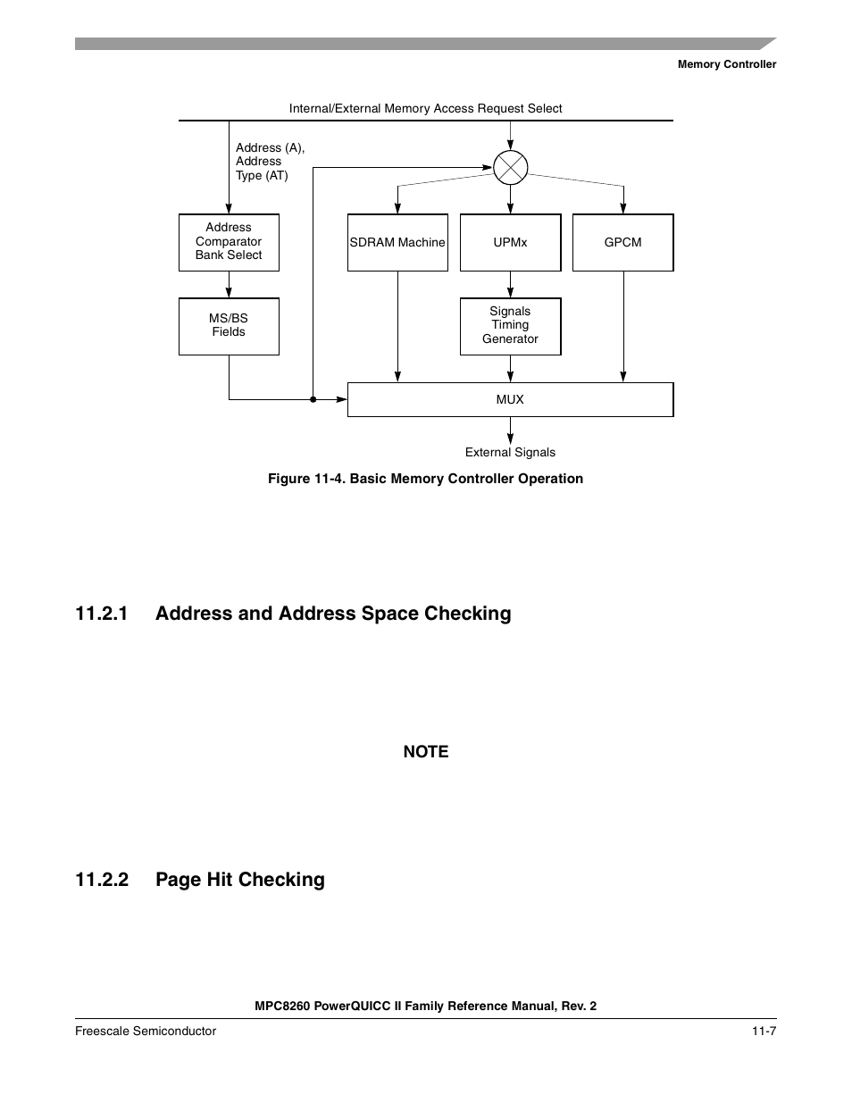 Figure 11-4. basic memory controller operation, 1 address and address space checking, Address and address space checking -7 | Basic memory controller operation -7, 2 page hit checking | Freescale Semiconductor MPC8260 User Manual | Page 425 / 1360