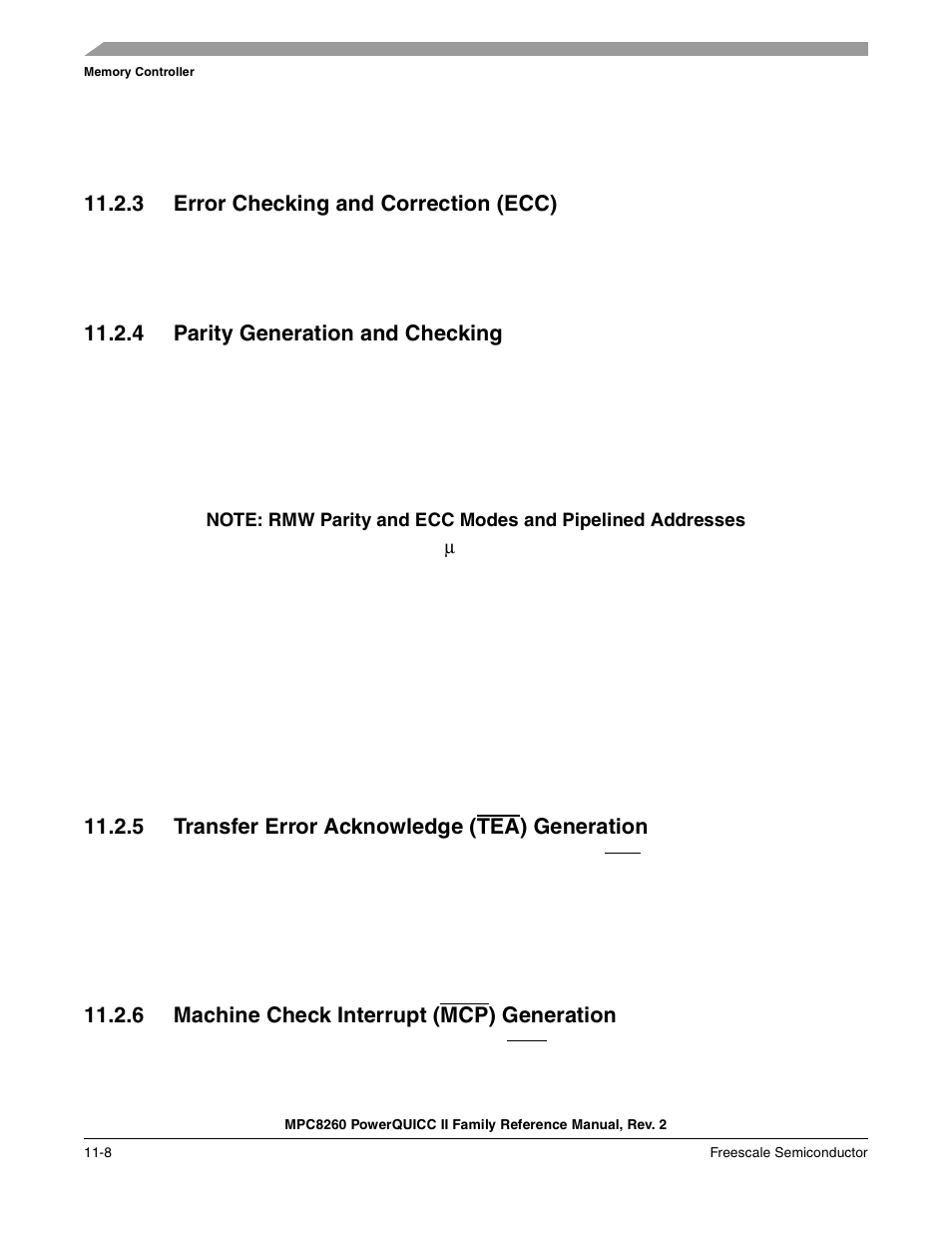 3 error checking and correction (ecc), 4 parity generation and checking, 5 transfer error acknowledge (tea) generation | 6 machine check interrupt (mcp) generation, Error checking and correction (ecc) -8, Parity generation and checking -8, Transfer error acknowledge (tea) generation -8, Machine check interrupt (mcp) generation -8 | Freescale Semiconductor MPC8260 User Manual | Page 426 / 1360